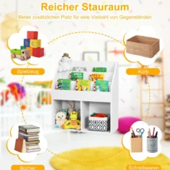 Kinder Bücherregal aus Holz mit 3-stufigem Fach & 2 Ablagen Spielzeugregal Weiß
