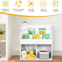 Kinder Bücherregal aus Holz mit 3-stufigem Fach & 2 Ablagen Spielzeugregal Weiß