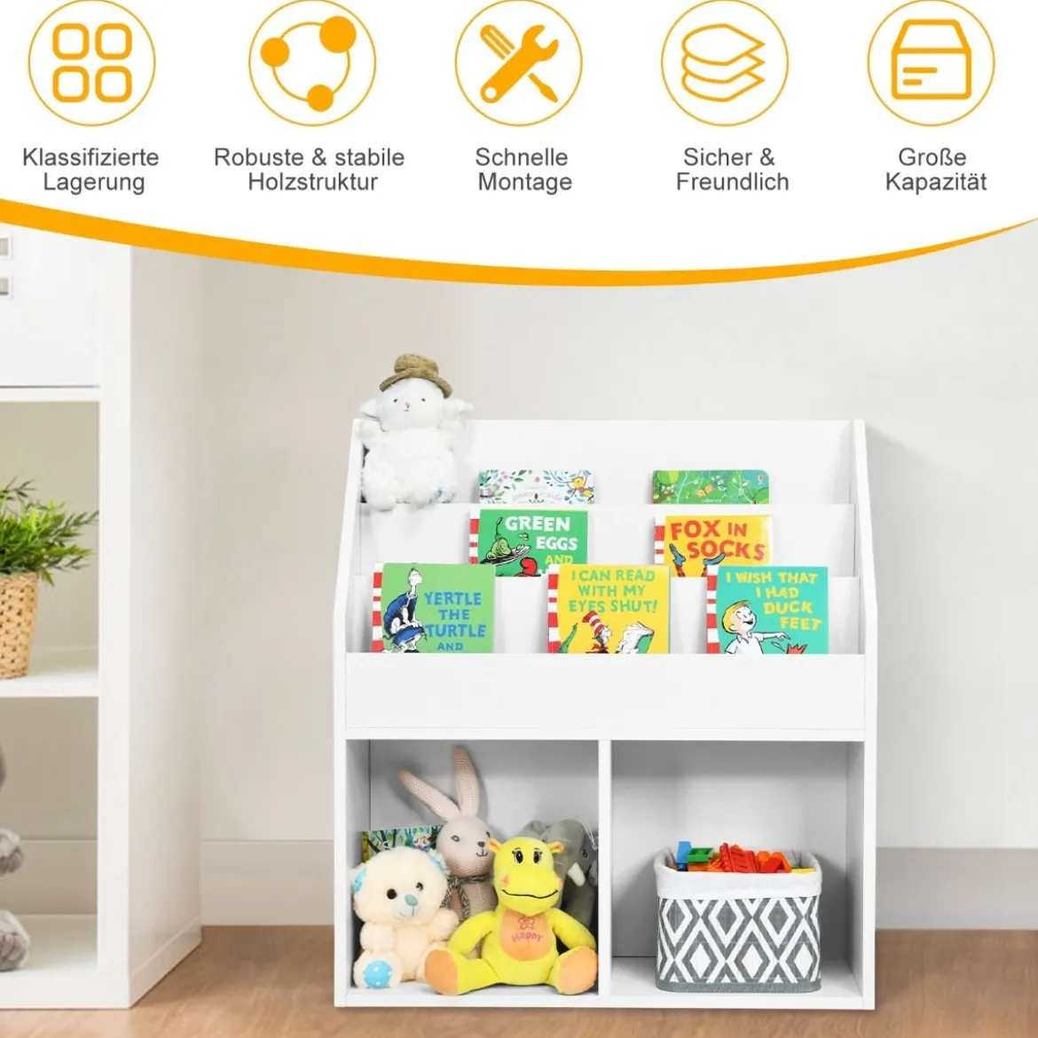 Kinder Bücherregal aus Holz mit 3-stufigem Fach & 2 Ablagen Spielzeugregal Weiß
