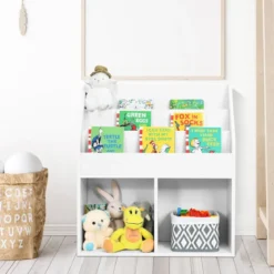 Kinder Bücherregal aus Holz mit 3-stufigem Fach & 2 Ablagen Spielzeugregal Weiß