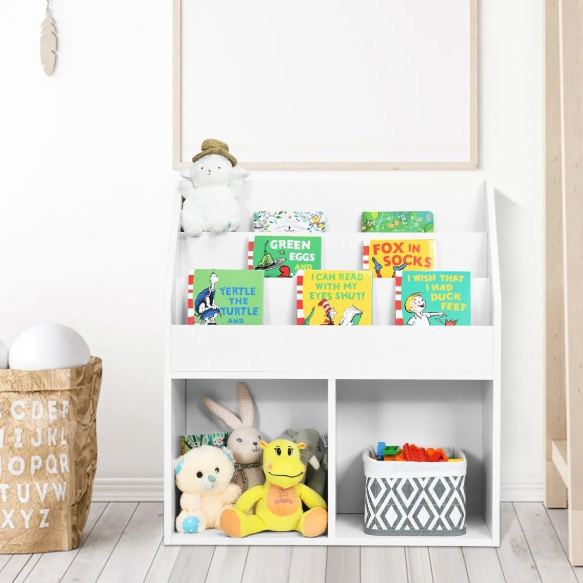 Kinder Bücherregal aus Holz mit 3-stufigem Fach & 2 Ablagen Spielzeugregal Weiß