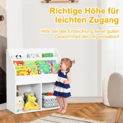 Kinder Bücherregal aus Holz mit 3-stufigem Fach & 2 Ablagen Spielzeugregal Weiß