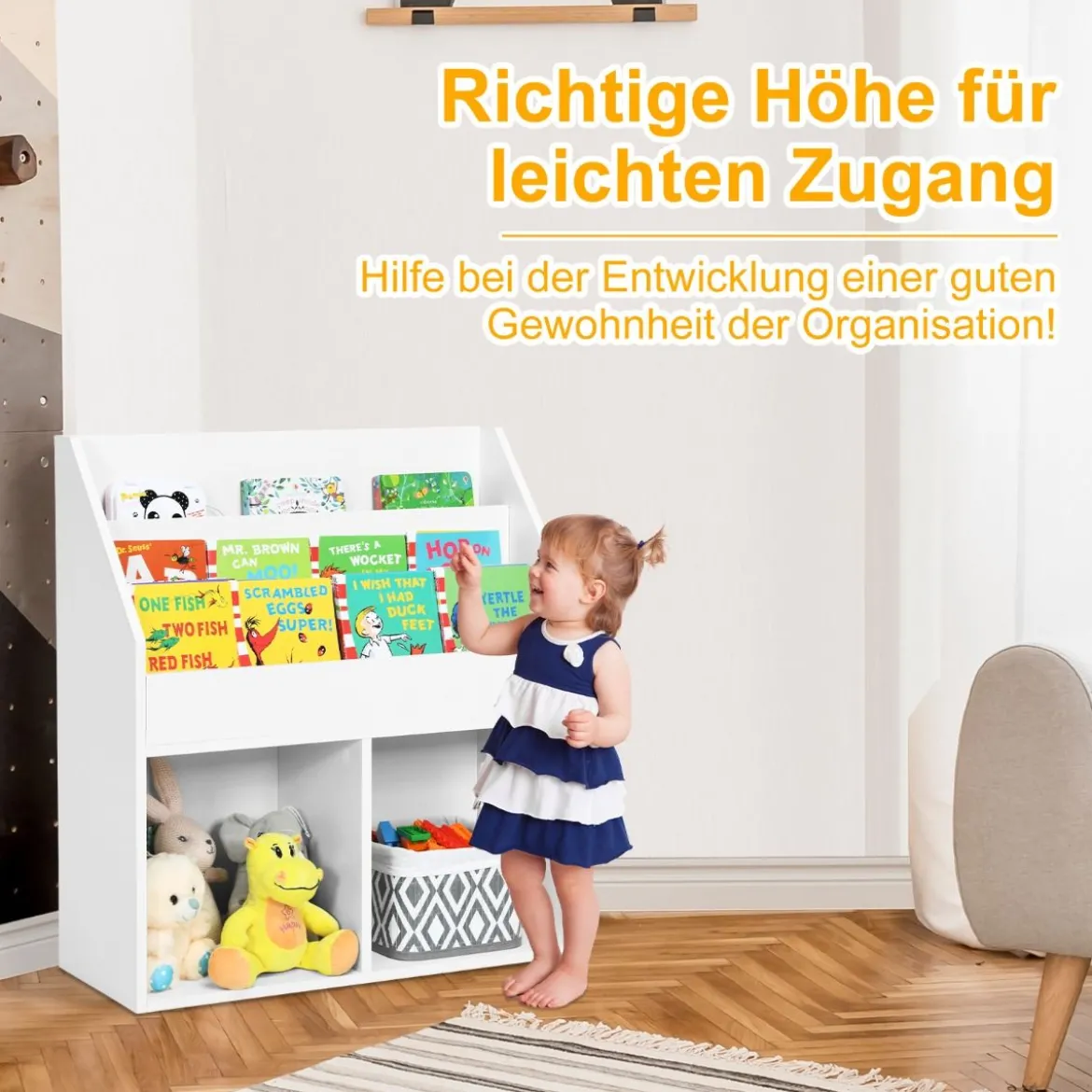 Kinder Bücherregal aus Holz mit 3-stufigem Fach & 2 Ablagen Spielzeugregal Weiß