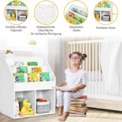 Kinder Bücherregal aus Holz mit 3-stufigem Fach & 2 Ablagen Spielzeugregal Weiß