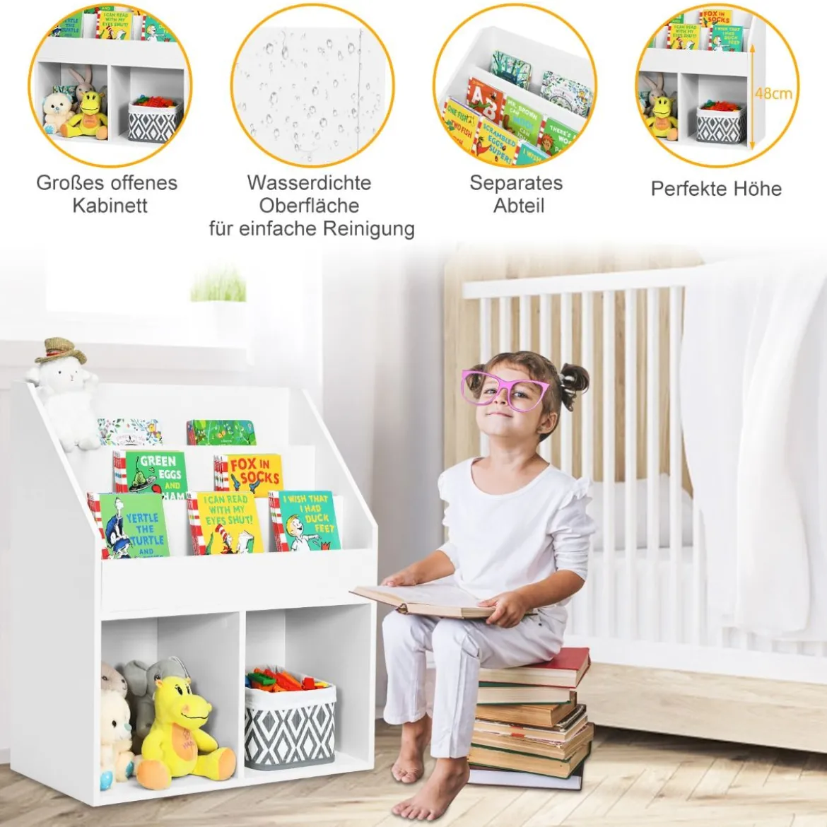 Kinder Bücherregal aus Holz mit 3-stufigem Fach & 2 Ablagen Spielzeugregal Weiß