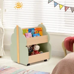 Kinder Bücherregal aus Holz mit Universalrädern 2 Ebenen Spielzeugregal auf Rollen