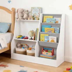 Kinder-Bücherregal hölzerner Spielzeug-Aufbewahrungsorganisator mit 3 Ebenen Stofftaschen Weiß
