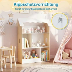 Kinderbücherregal in Hausform Holz Spielzeugregal mit 5 Offenen Fächern Kinderregal mit Kippschutz