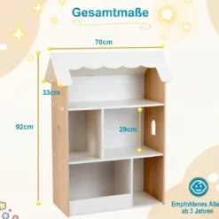 Kinderbücherregal in Hausform Holz Spielzeugregal mit 5 Offenen Fächern Kinderregal mit Kippschutz