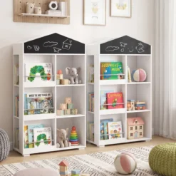 Kinder Bücherregal in Hausform mit Tafel & 13 Fächern Kinderregal Montessori Spielzeugrregal Weiß