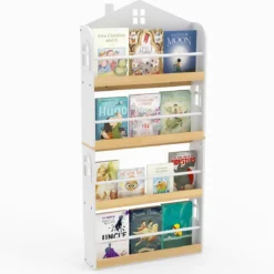 Kinderbücherregal in Hausform mit Anti-Fall-Schutz & Metallstangen Montessori Kinderregal