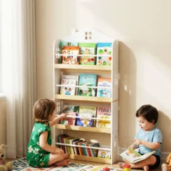 Kinderbücherregal in Hausform mit Anti-Fall-Schutz & Metallstangen Montessori Kinderregal