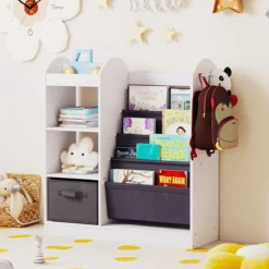 Kinder Bücherregal mit Ganzkörperspiegel Spielzeugaufbewahrungsorganizer mit 4-lagigen Sling-Regalen Weiß