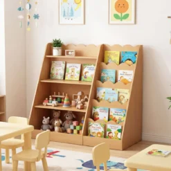 Kinder Bücherregal mit 4 Offenen Ablagen & Versteckem Ablagefach Holz Kinderregal Natur