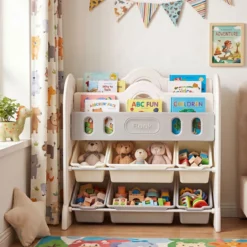 Kinder Bücherregal 4-stufiges Montessori-Spielzeugregal mit 6 Aufbewahrungsboxen