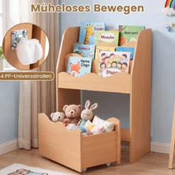 Kinder Bücherregal 3-stufiges Montessori Spielzeugregal aus Holz mit Rollbarer Schublade Natur