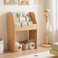 Kinder Bücherregal 3-stufiges Montessori Spielzeugregal aus Holz mit Rollbarer Schublade Natur