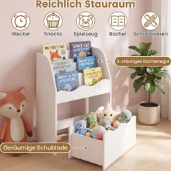Kinder Bücherregal 3-stufiges Montessori Spielzeugregal aus Holz mit Rollbarer Schublade Weiß