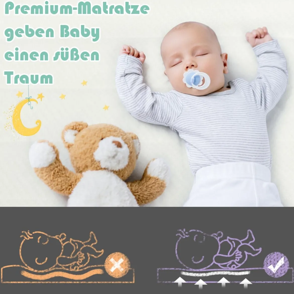 Kinderbett-Matratze Premium-Schaumstoff-Kinderbett Babymatratze 120 x 60 x 5 cm Weiß + Grau