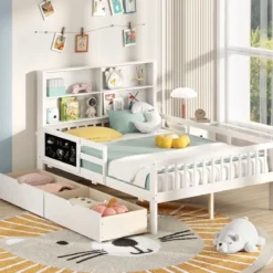 Kinderbett mit 2 Schubladen Bücherregal & Tafel 140 x 200 cm Jugendbett mit Rausfallschutz Weiß