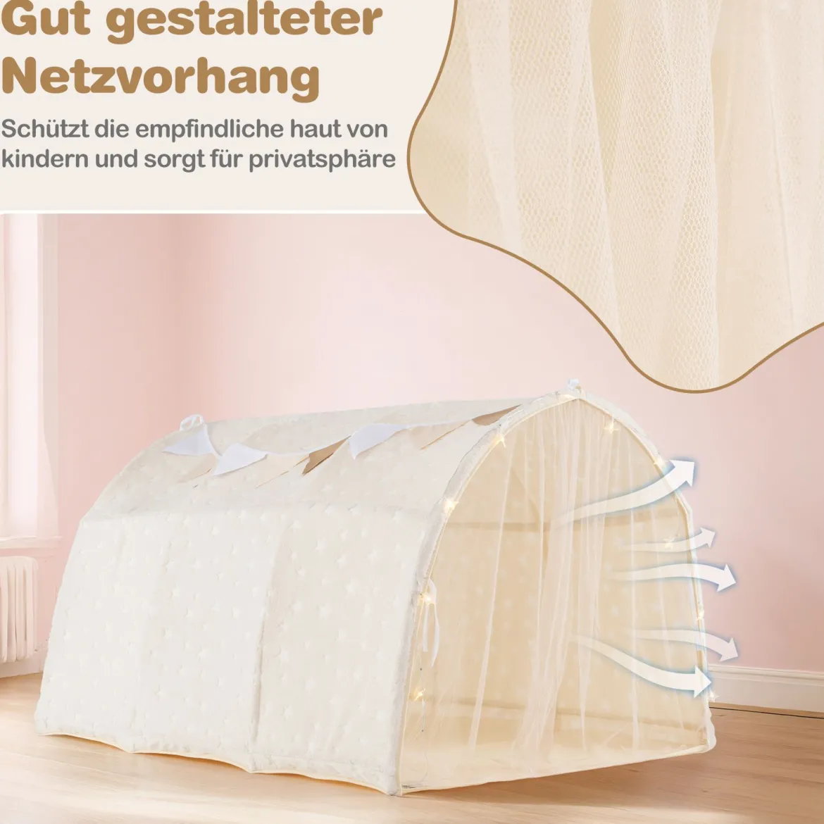 Kinder Bettzelt mit Leuchtsternen Netzvorhängen & Lichterkette Magischer Spielzelt Schlafzelt