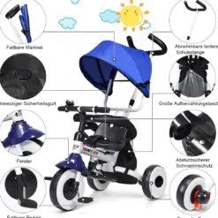 Kinderdreirad Tricycle Klappbares Abnehmbares Dreirad mit Schubstange 91 x 49,5 x 102,5 cm Blau