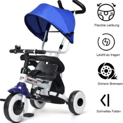 Kinderdreirad Tricycle Klappbares Abnehmbares Dreirad mit Schubstange 91 x 49,5 x 102,5 cm Blau