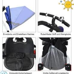 Kinderdreirad Tricycle Klappbares Abnehmbares Dreirad mit Schubstange 91 x 49,5 x 102,5 cm Blau