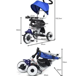 Kinderdreirad Tricycle Klappbares Abnehmbares Dreirad mit Schubstange 91 x 49,5 x 102,5 cm Blau