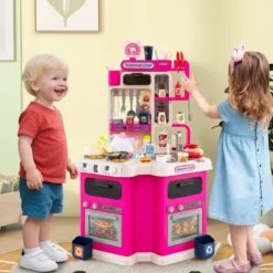 Kinder Eck-Küchenspielset mit Sounds & Lichtern Kinderküche mit Kochherd Spiel-Spüle & 75-teiligem Zubehör Rosa