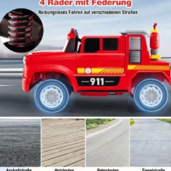 Kinder Elektroauto mit Wasserpistole & Fernbedienung 12V Elektro Feuerwehrauto