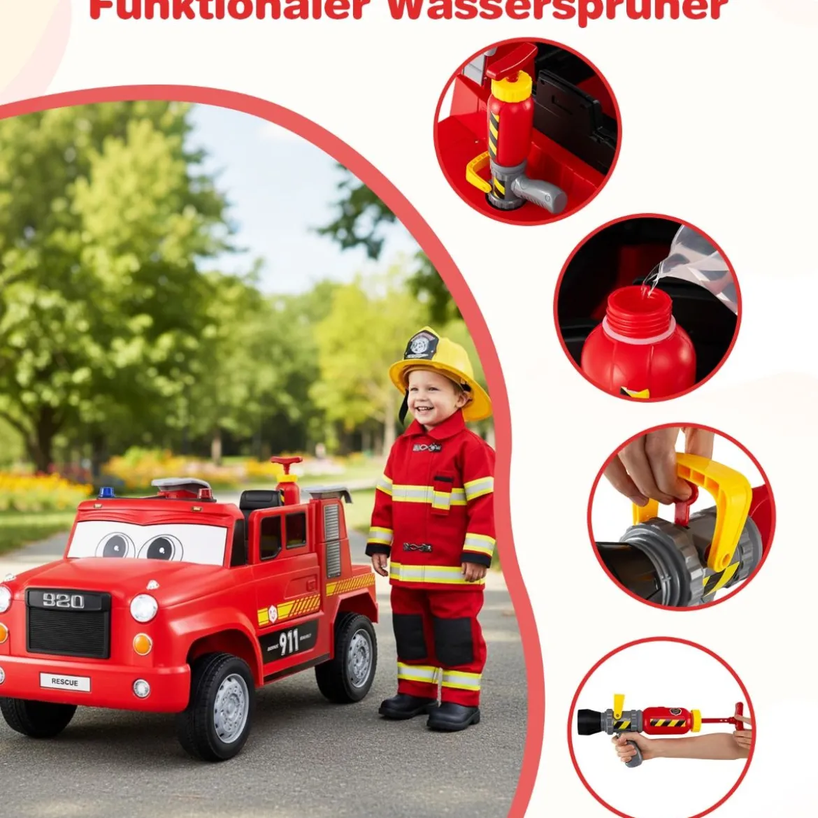 Kinder Elektroauto mit Wasserpistole & Fernbedienung 12V Elektro Feuerwehrauto