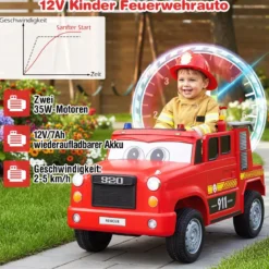 Kinder Elektroauto mit Wasserpistole & Fernbedienung 12V Elektro Feuerwehrauto