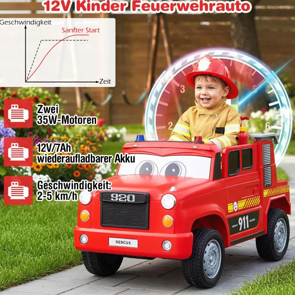 Kinder Elektroauto mit Wasserpistole & Fernbedienung 12V Elektro Feuerwehrauto