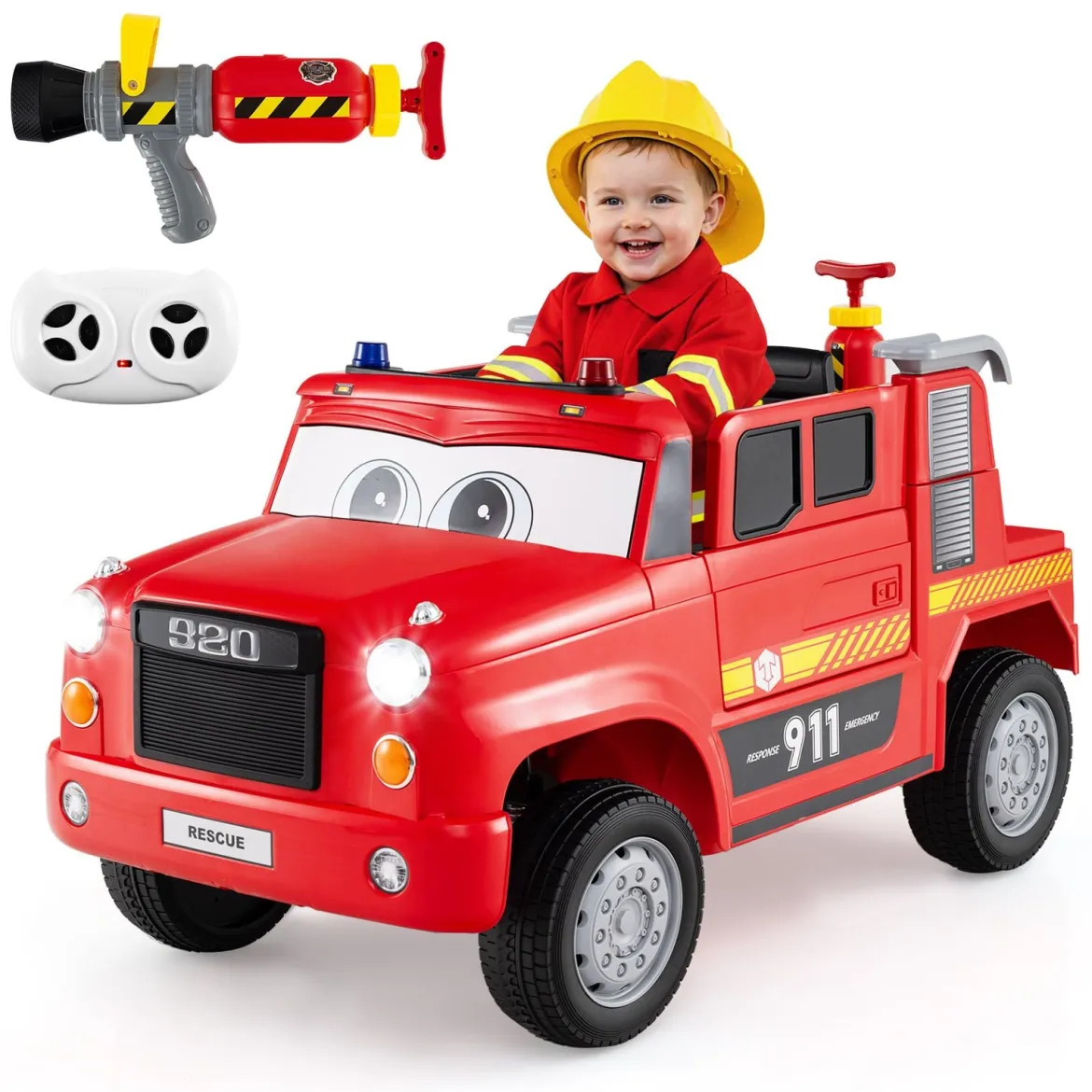 Kinder Elektroauto mit Wasserpistole & Fernbedienung 12V Elektro Feuerwehrauto