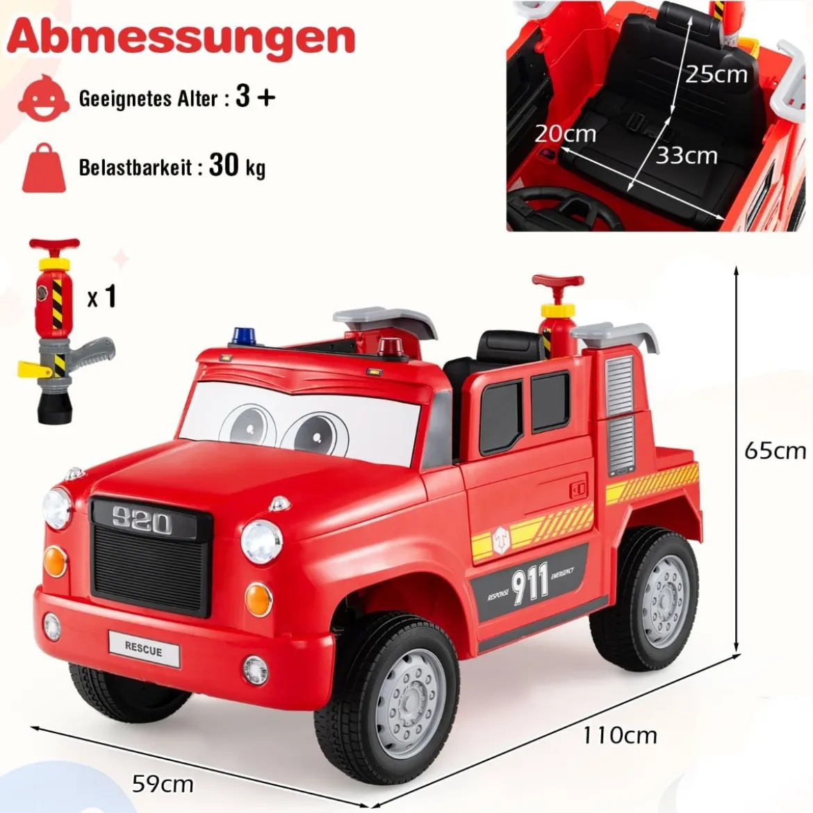 Kinder Elektroauto mit Wasserpistole & Fernbedienung 12V Elektro Feuerwehrauto