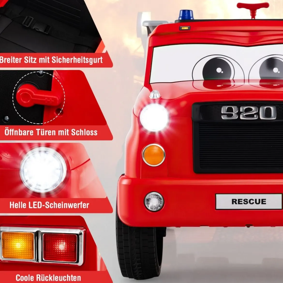 Kinder Elektroauto mit Wasserpistole & Fernbedienung 12V Elektro Feuerwehrauto