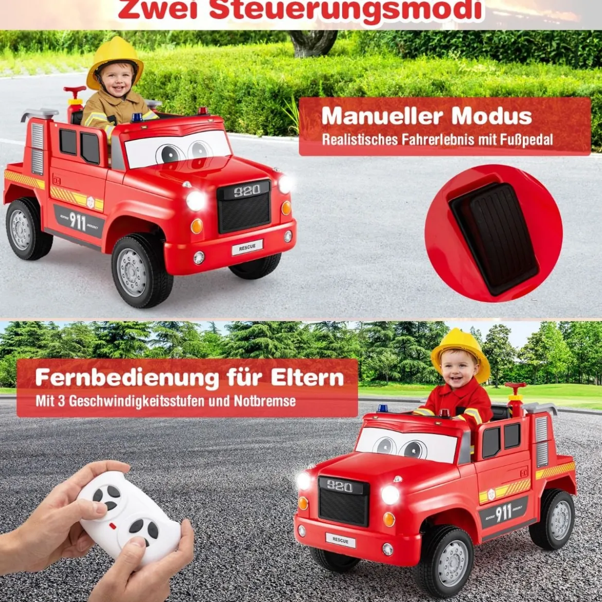 Kinder Elektroauto mit Wasserpistole & Fernbedienung 12V Elektro Feuerwehrauto