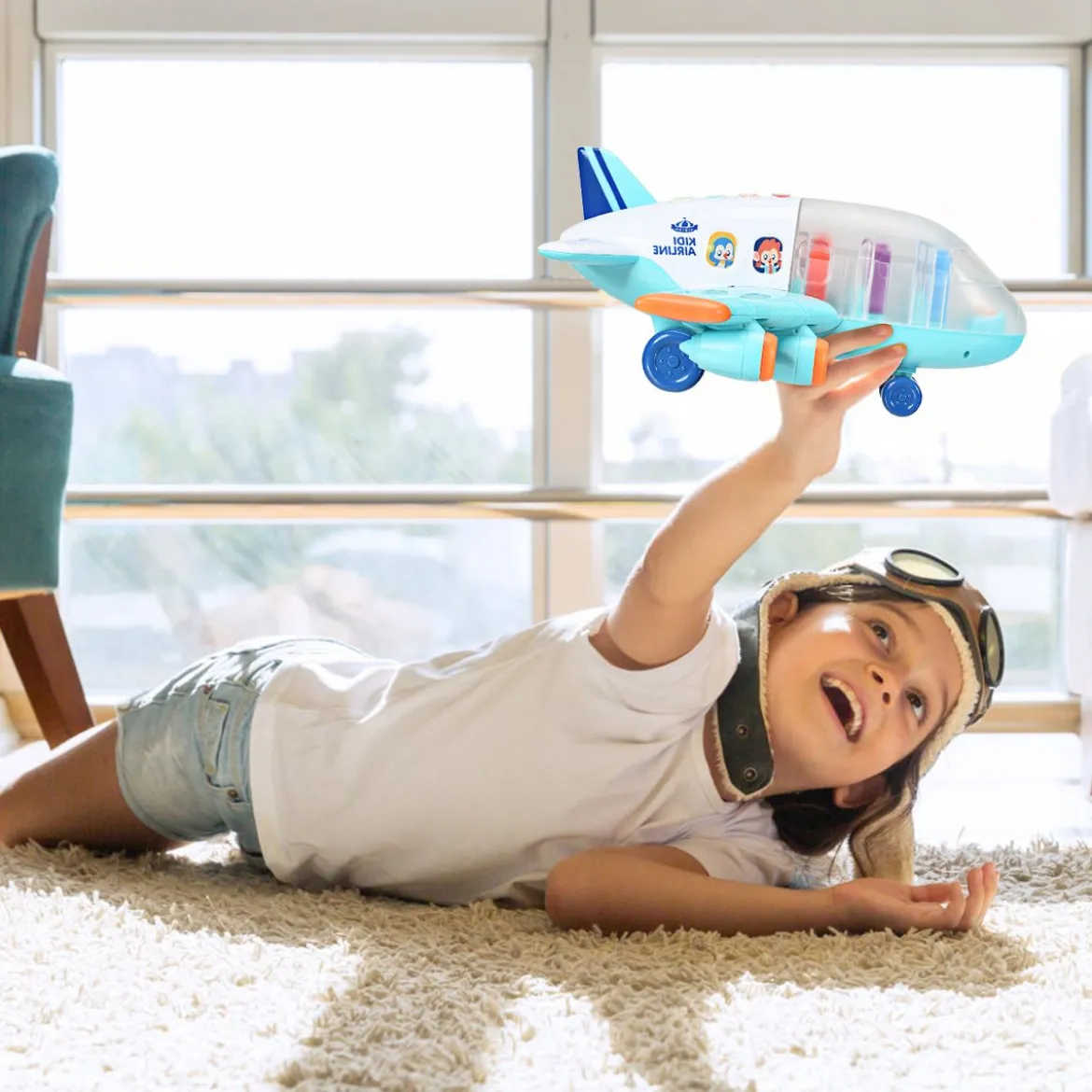 Kinder Flugzeug Passagierflugzeug Spiel-Flugzeug mit Licht und Musik Blau 31 x 36 x 16 cm