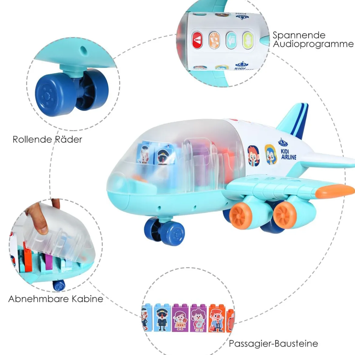 Kinder Flugzeug Passagierflugzeug Spiel-Flugzeug mit Licht und Musik Blau 31 x 36 x 16 cm