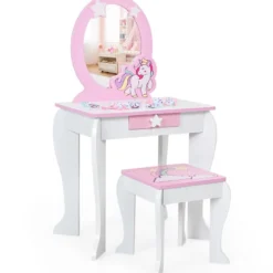 Kinder-Frisiertischset Prinzessinnen-Frisiertisch aus Holz mit Hocker Spiegel Schublade Weiß + Rosa