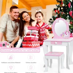 Kinder-Frisiertischset Prinzessinnen-Frisiertisch aus Holz mit Hocker Spiegel Schublade Weiß + Rosa