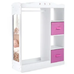 Kindergarderobe mit Spiegel Kinder Kleiderschrank aus Holz mit Offenen Regalen & Kleiderstange Weiß