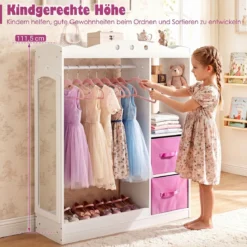 Kindergarderobe mit Spiegel Kinder Kleiderschrank aus Holz mit Offenen Regalen & Kleiderstange Weiß