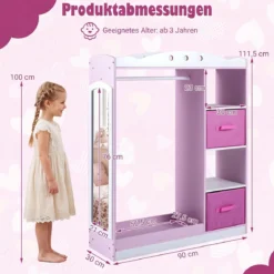 Kindergarderobe mit Spiegel Kinder Kleiderschrank aus Holz mit Offenen Regalen & Kleiderstange Rosa