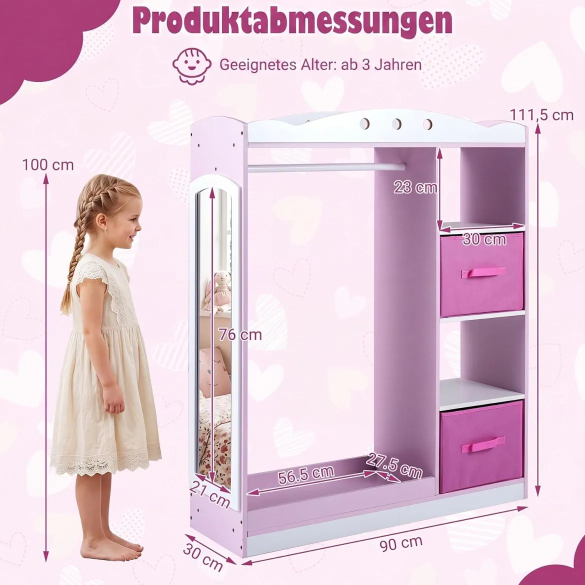 Kindergarderobe mit Spiegel Kinder Kleiderschrank aus Holz mit Offenen Regalen & Kleiderstange Rosa