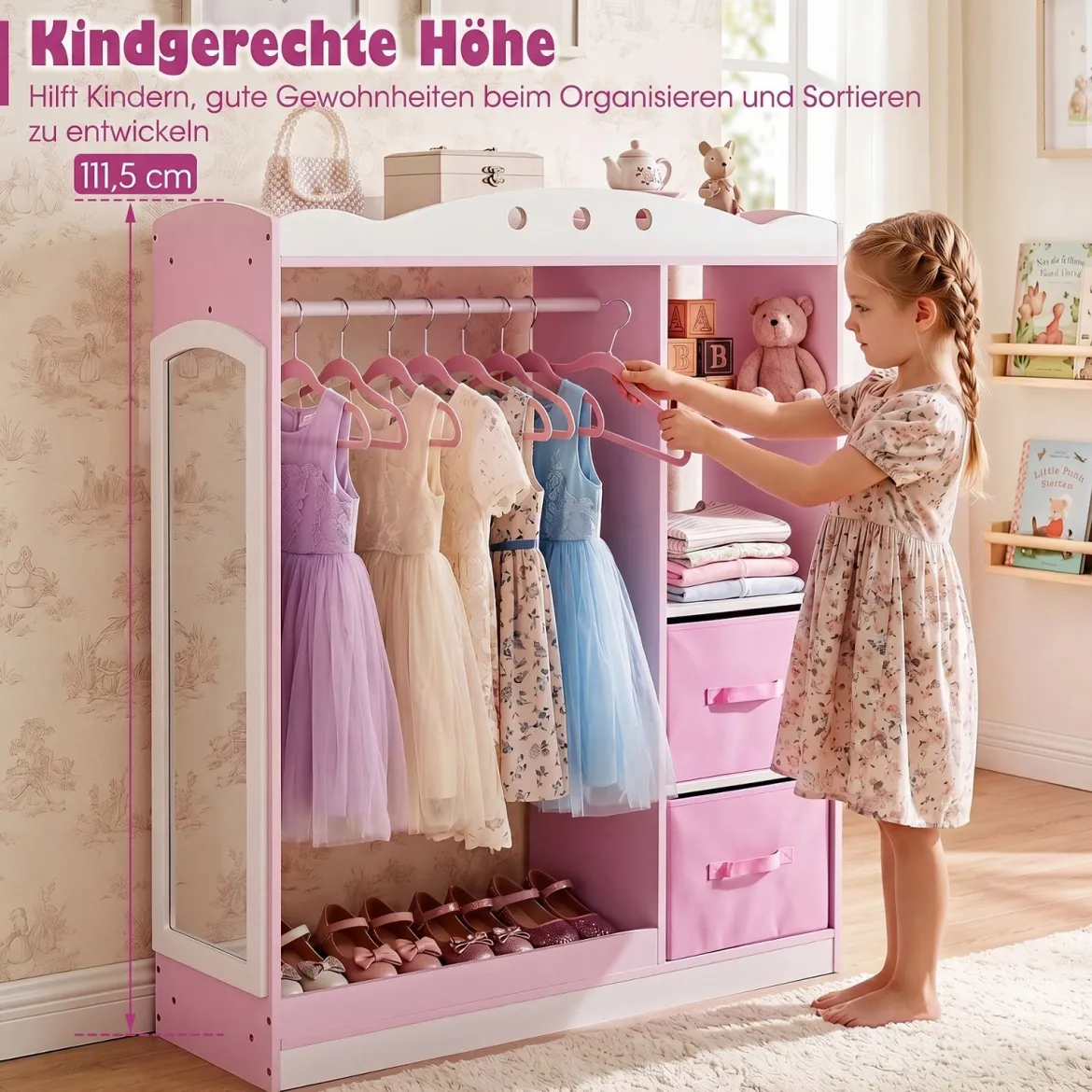 Kindergarderobe mit Spiegel Kinder Kleiderschrank aus Holz mit Offenen Regalen & Kleiderstange Rosa
