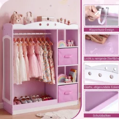 Kindergarderobe mit Spiegel Kinder Kleiderschrank aus Holz mit Offenen Regalen & Kleiderstange Rosa