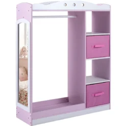 Kindergarderobe mit Spiegel Kinder Kleiderschrank aus Holz mit Offenen Regalen & Kleiderstange Rosa