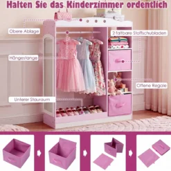 Kindergarderobe mit Spiegel Kinder Kleiderschrank aus Holz mit Offenen Regalen & Kleiderstange Rosa